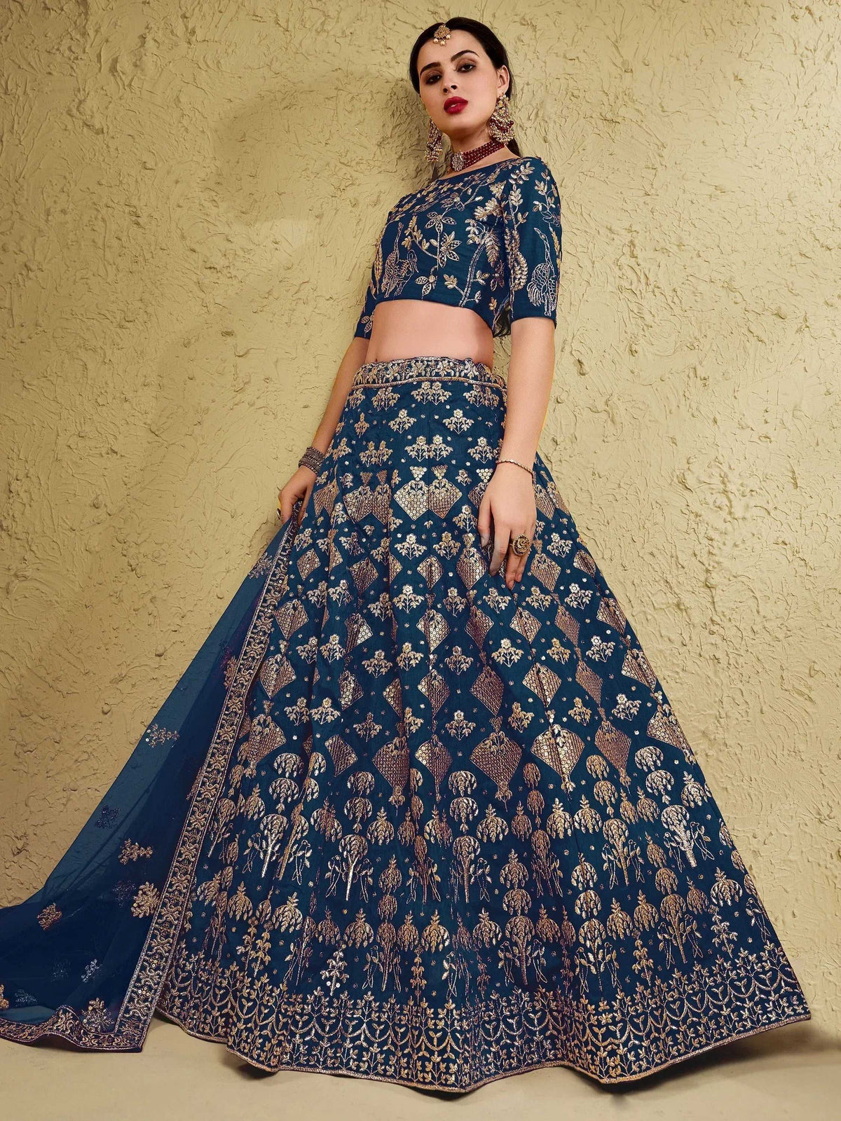 Tulsi Art Fascinating Blue Sequins Silk Wedding Wear Lehenga Choli | Grocsy