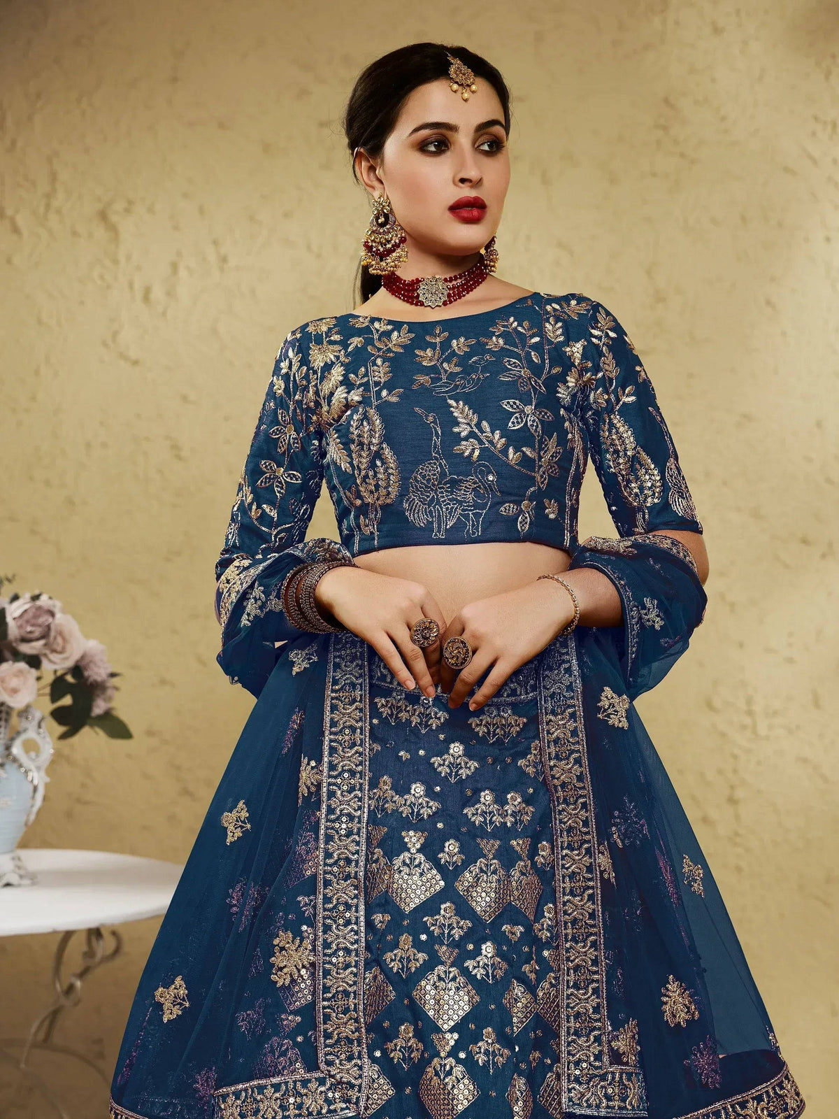 Tulsi Art Fascinating Blue Sequins Silk Wedding Wear Lehenga Choli | Grocsy