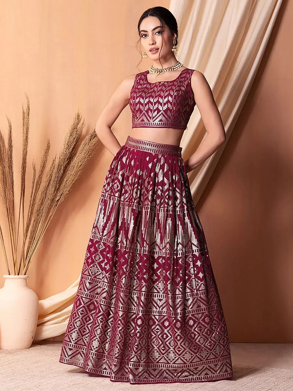 Tulsi Art Fascinating Dark Pink Sequins Georgette Festival Wear Lehenga Choli | Grocsy