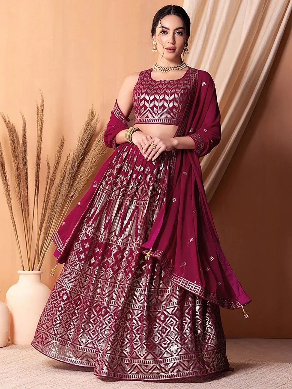 Tulsi Art Fascinating Dark Pink Sequins Georgette Festival Wear Lehenga Choli | Grocsy