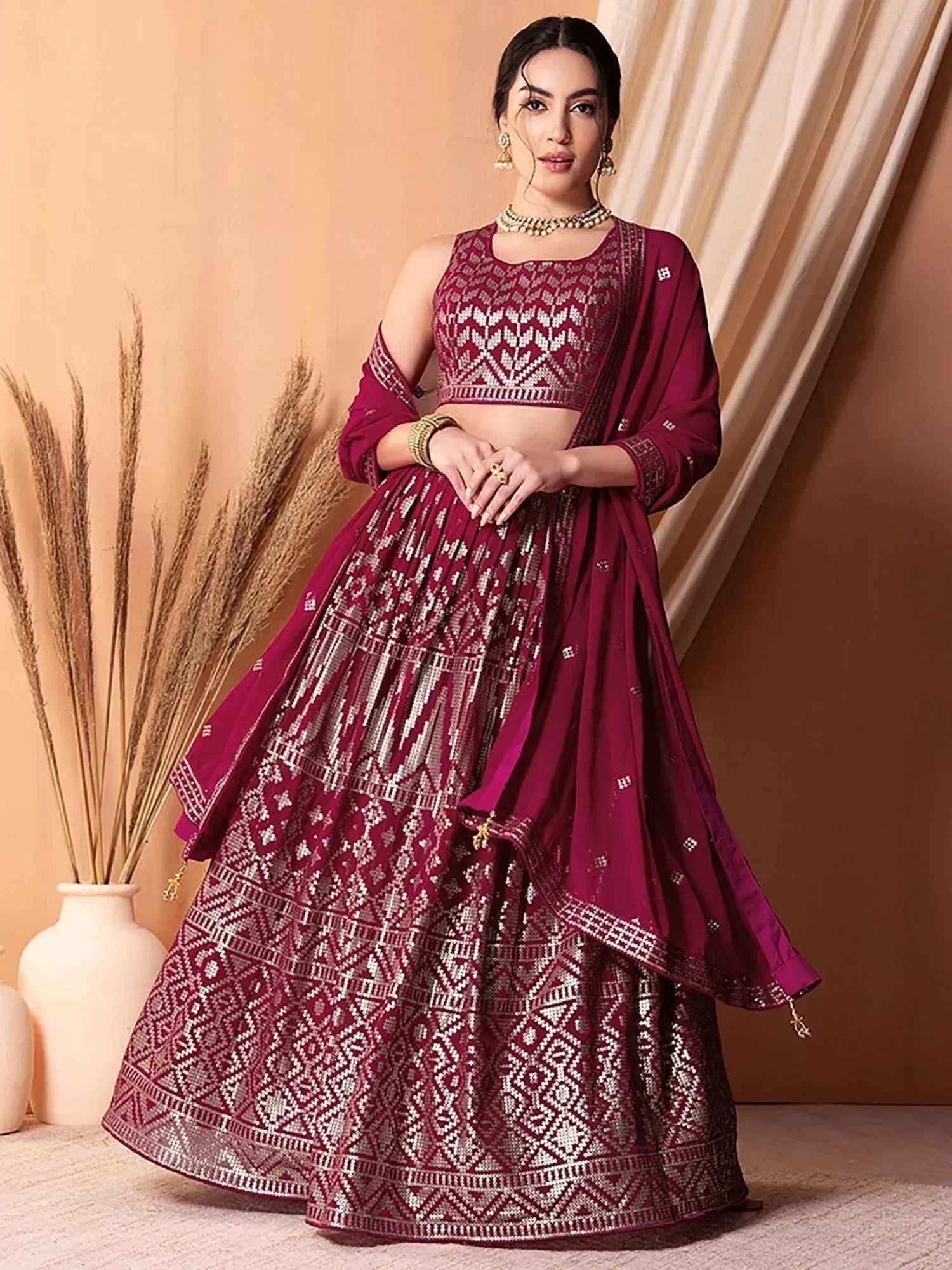 Tulsi Art Fascinating Dark Pink Sequins Georgette Festival Wear Lehenga Choli | Grocsy