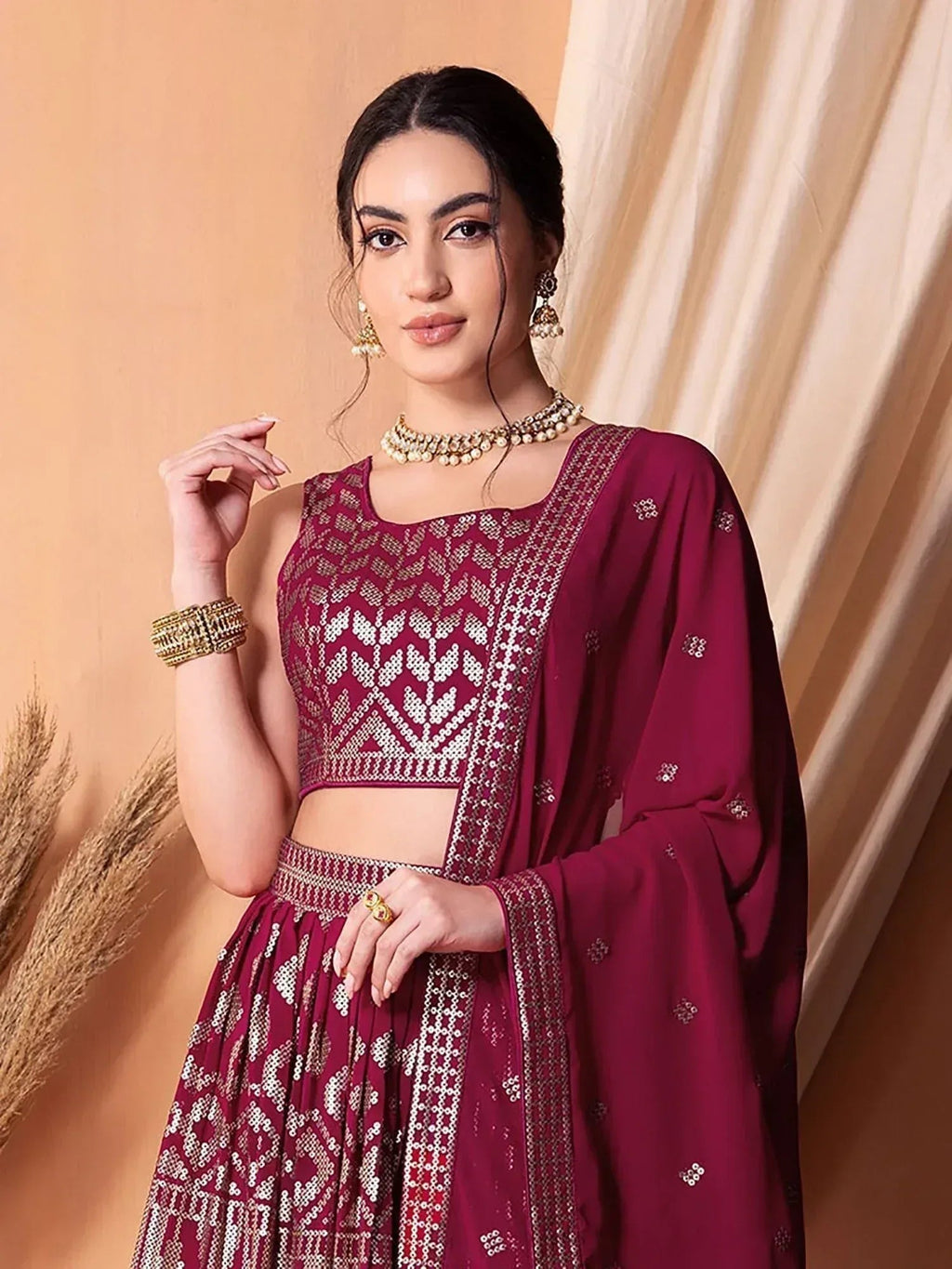 Tulsi Art Fascinating Dark Pink Sequins Georgette Festival Wear Lehenga Choli | Grocsy