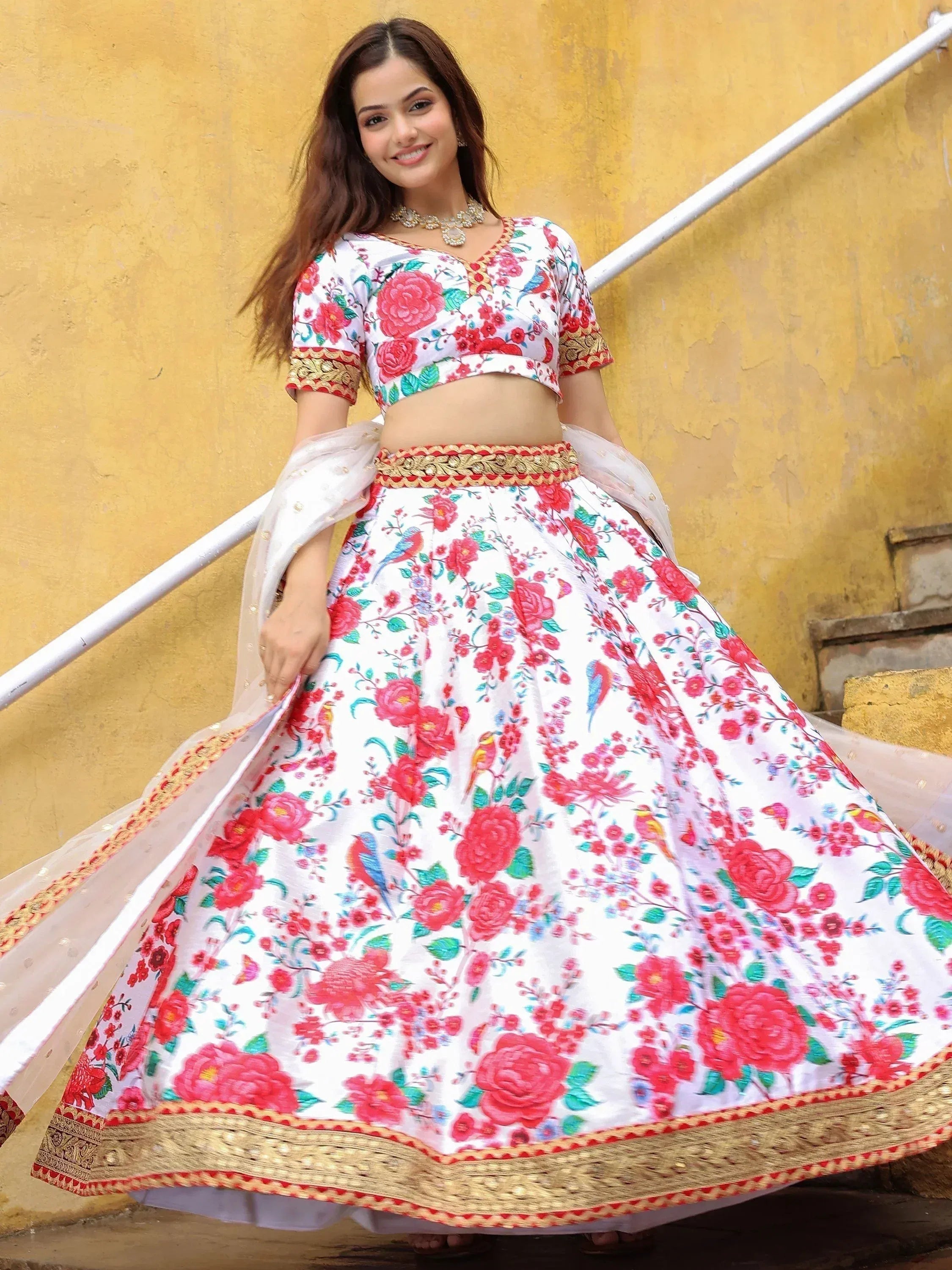 Tulsi Art Fascinating Off White Floral Printed Art Silk Event Wear Lehenga Choli | Grocsy