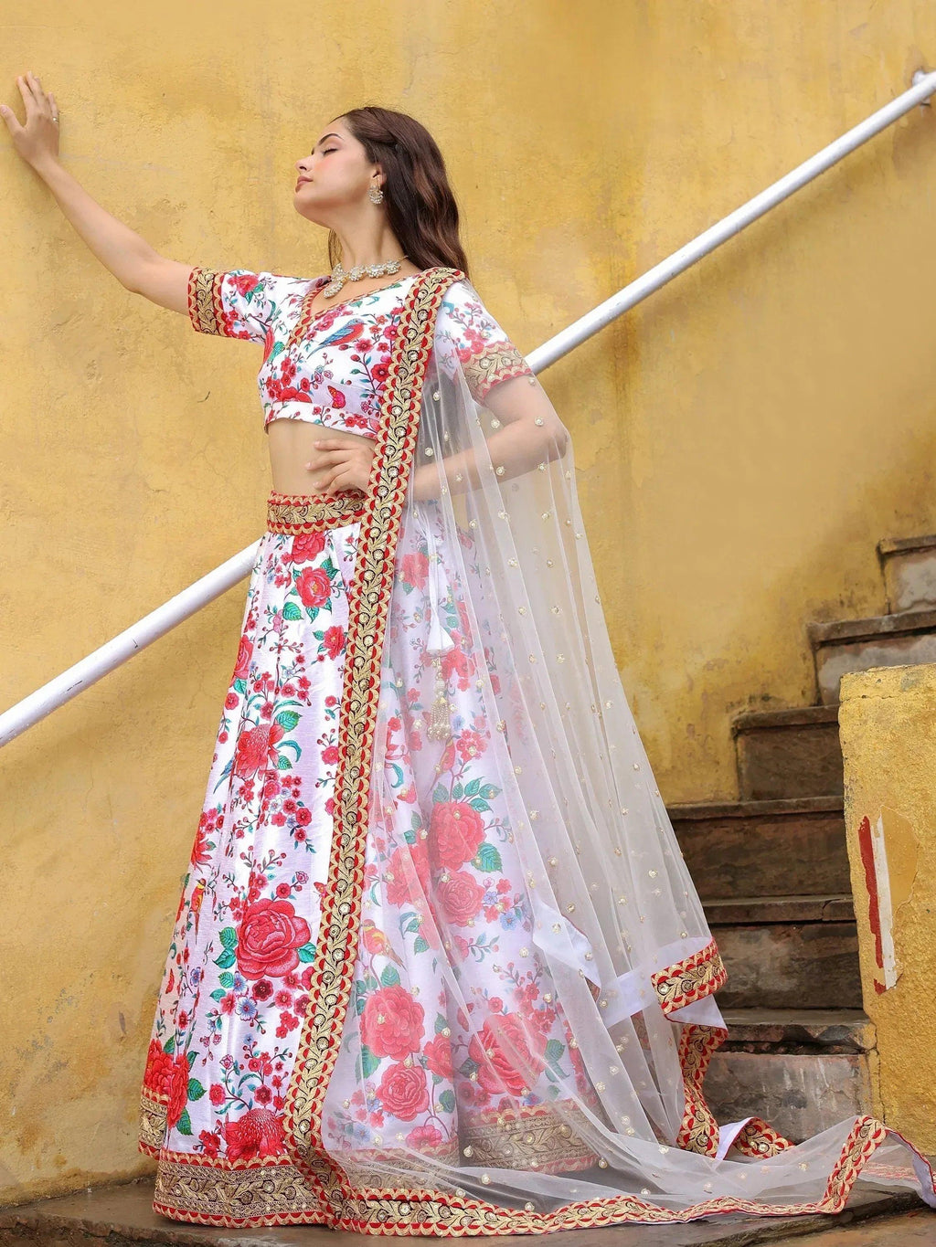Tulsi Art Fascinating Off White Floral Printed Art Silk Event Wear Lehenga Choli | Grocsy