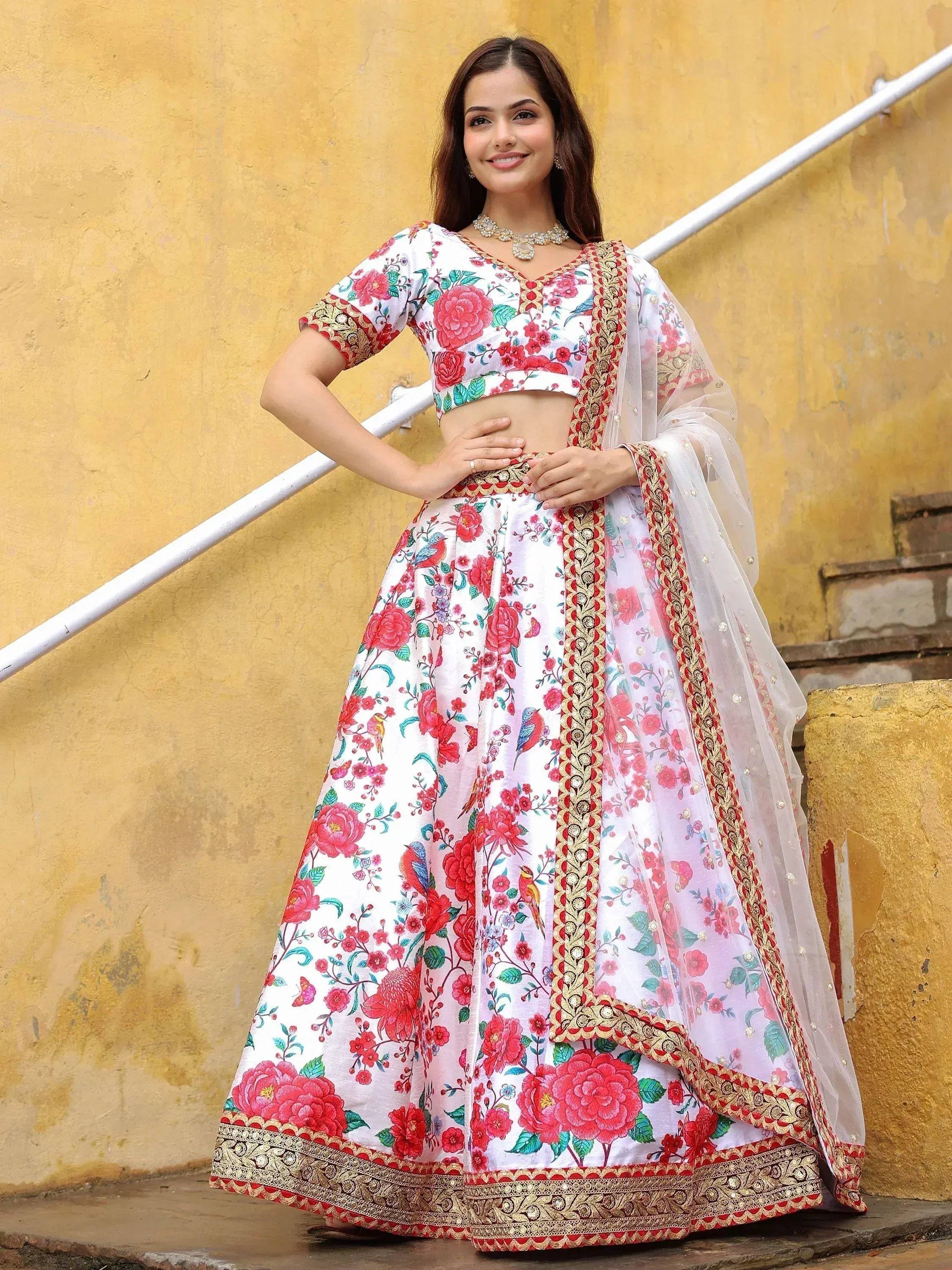 Tulsi Art Fascinating Off White Floral Printed Art Silk Event Wear Lehenga Choli | Grocsy