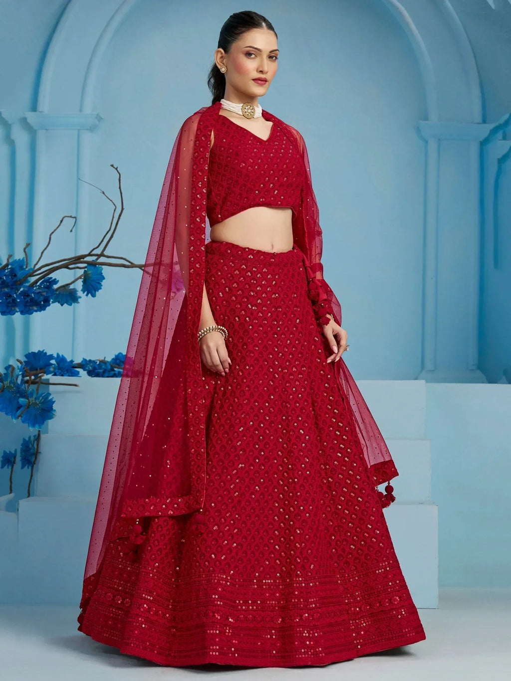 Tulsi Art Fascinating Red Thread Work Georgette Wedding Wear Lehenga Choli | Grocsy