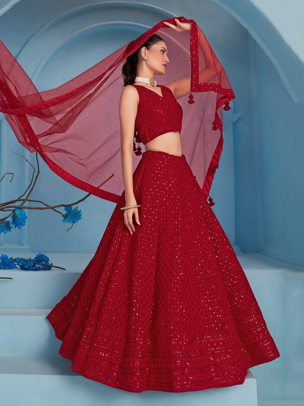 Tulsi Art Fascinating Red Thread Work Georgette Wedding Wear Lehenga Choli | Grocsy