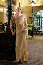 Vastranavya Beige Embroidery Work Shimmer Chiffon Saree with Unstitched Blouse | Grocsy