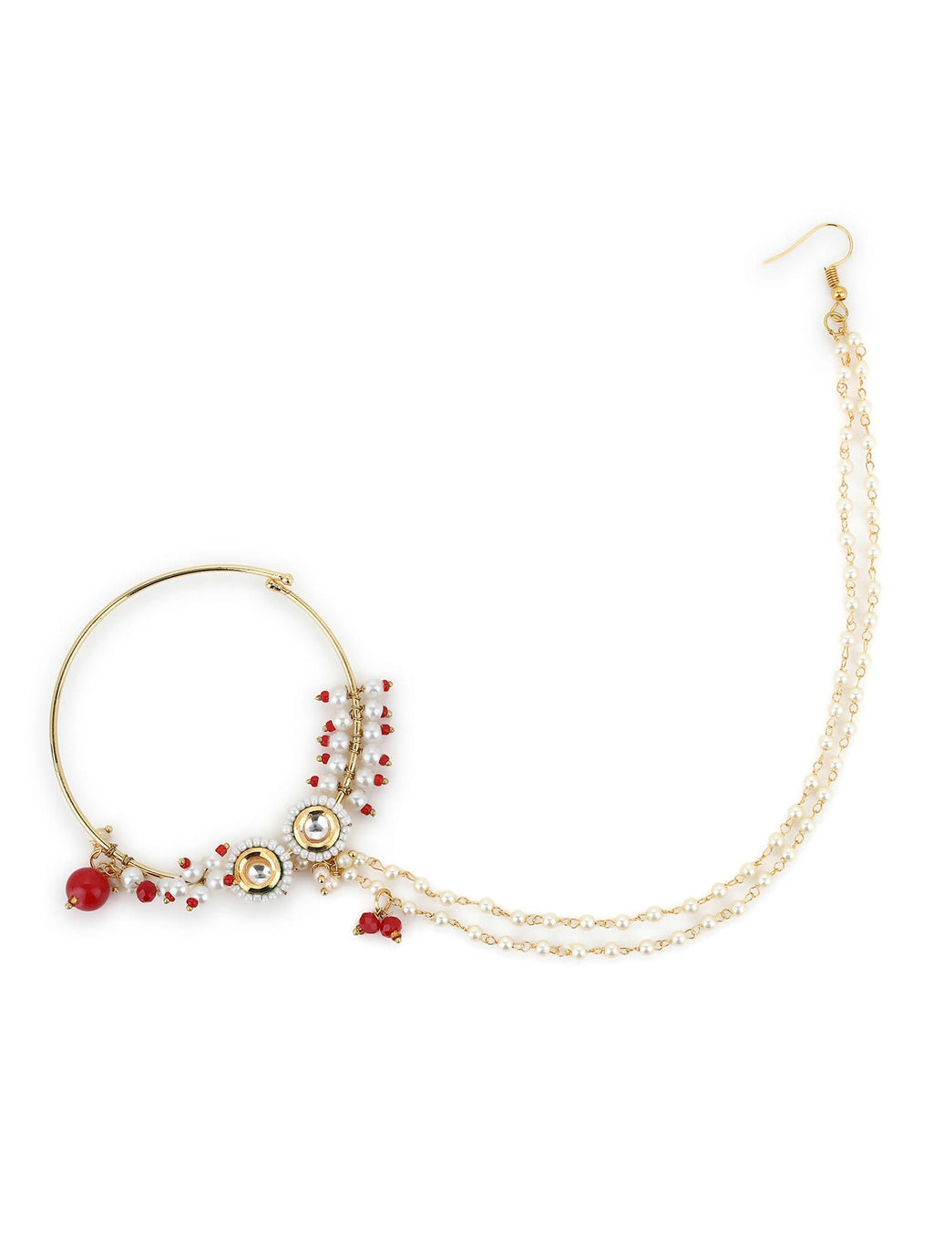 Gold-Polished White Red Kundan Studded Beaded Chained Nose Ring - Ruby Raang | Grocsy