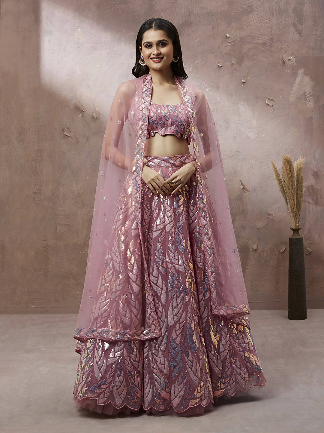 House of Panchhi CORAL Net Sequinse Work Lehenga & Blouse, Dupatta | Grocsy
