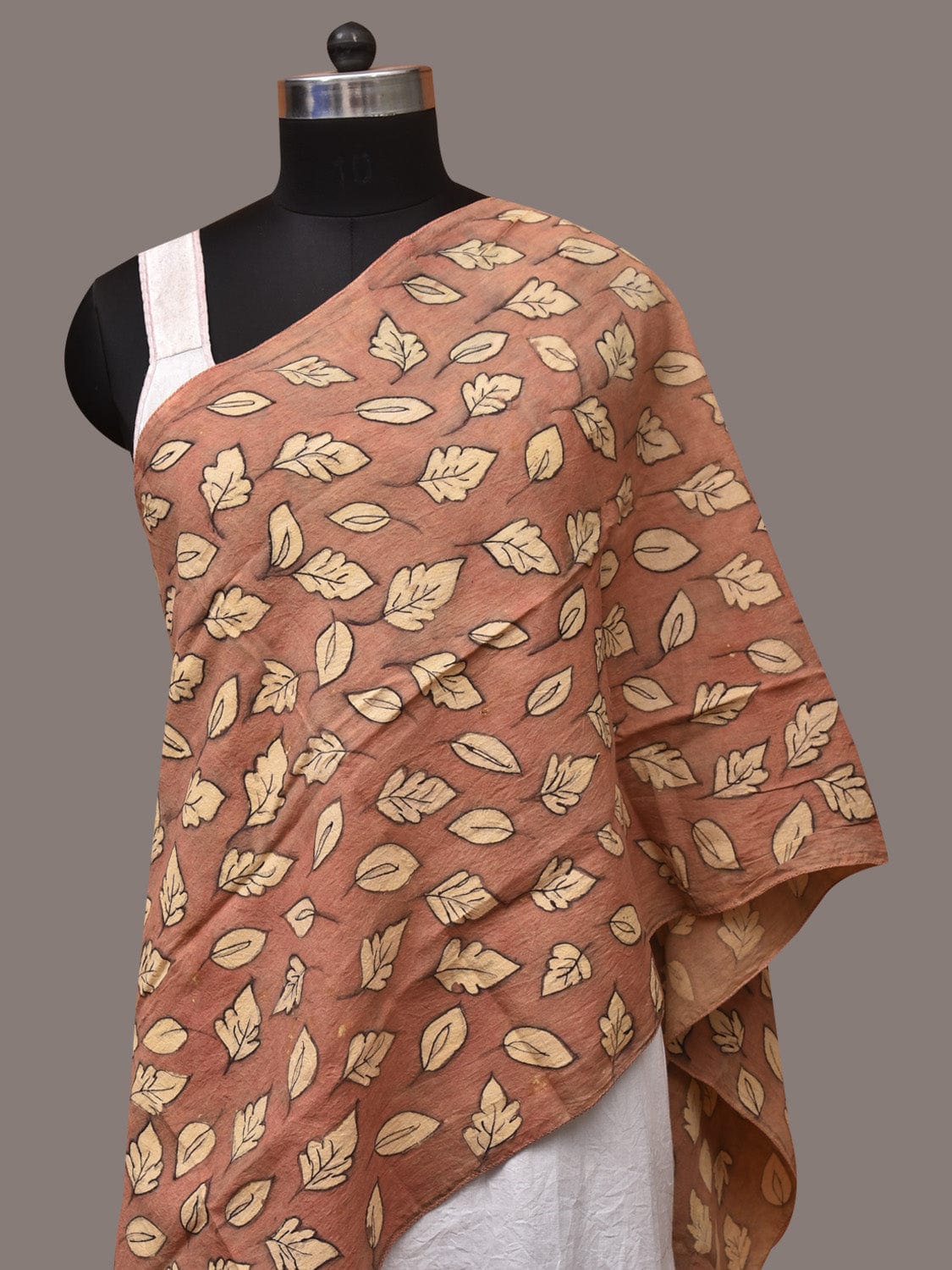 Fawn Kalamkari Hand Painted Sico Stole with Leaves Design - Global Threads | Grocsy