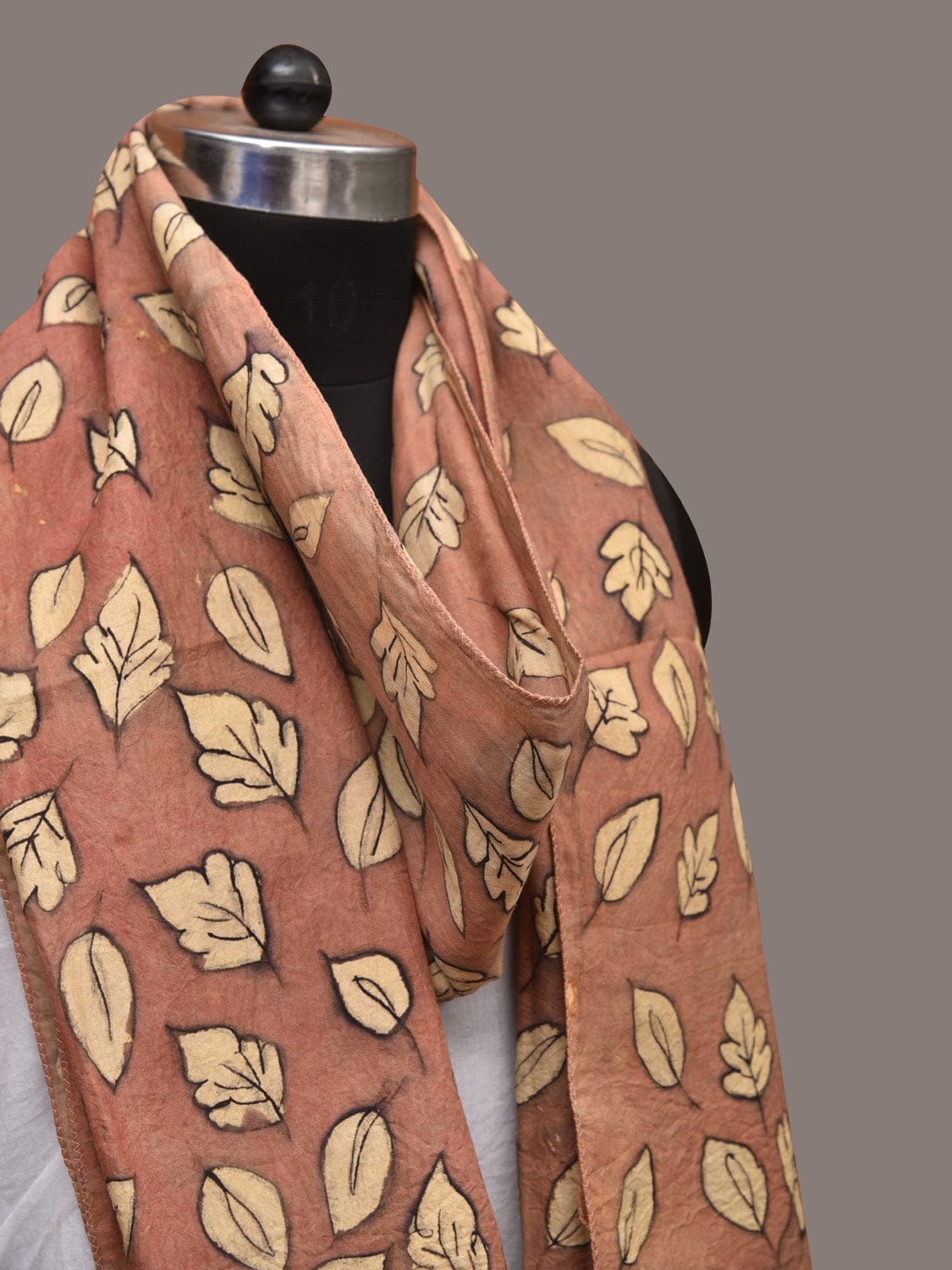 Fawn Kalamkari Hand Painted Sico Stole with Leaves Design - Global Threads | Grocsy