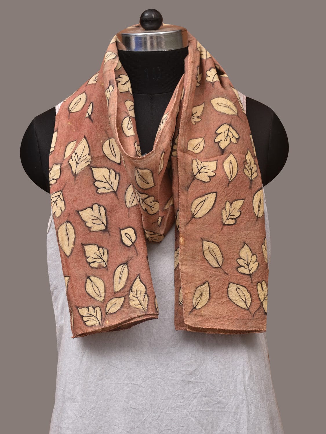 Fawn Kalamkari Hand Painted Sico Stole with Leaves Design - Global Threads | Grocsy