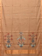 Fawn Khadi Cotton Handloom Saree with Plants Pallu Design - Global Threads | Grocsy
