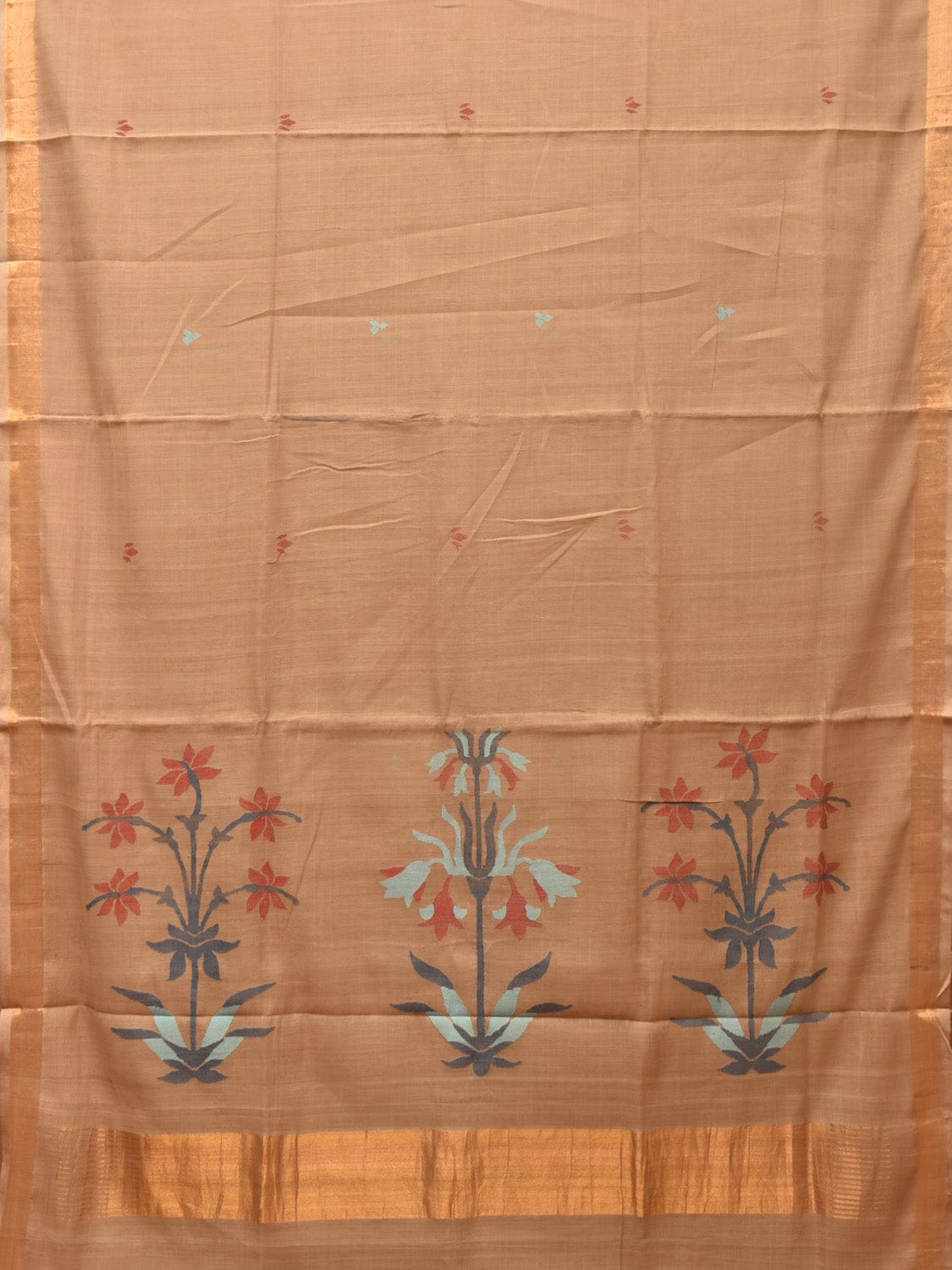 Fawn Khadi Cotton Handloom Saree with Plants Pallu Design - Global Threads | Grocsy