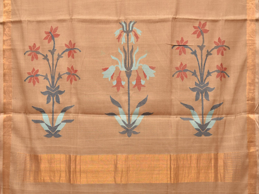 Fawn Khadi Cotton Handloom Saree with Plants Pallu Design - Global Threads | Grocsy