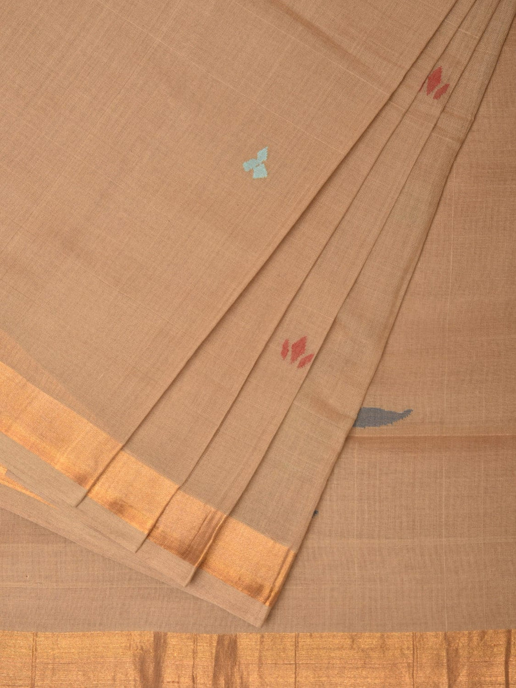 Fawn Khadi Cotton Handloom Saree with Plants Pallu Design - Global Threads | Grocsy