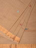 Fawn Khadi Cotton Handloom Saree with Plants Pallu Design - Global Threads | Grocsy