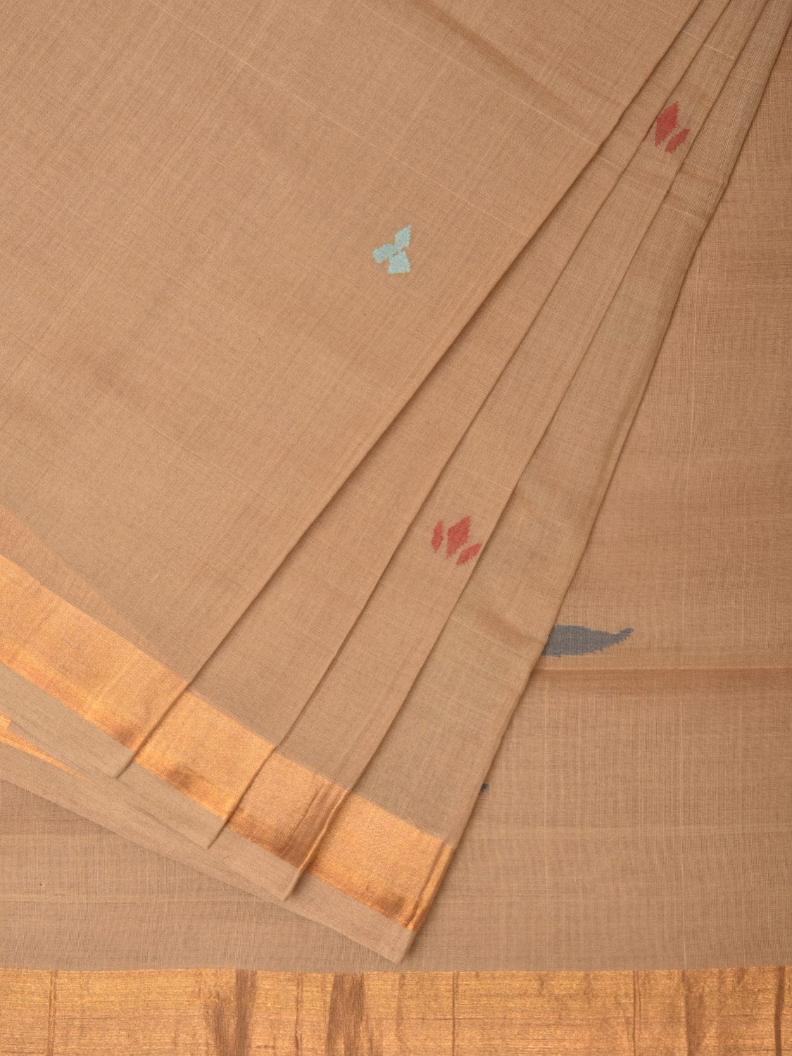 Fawn Khadi Cotton Handloom Saree with Plants Pallu Design - Global Threads | Grocsy