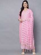 HERE&NOW Women Pink Floral Printed Kurta with Trousers & With Dupatta | Grocsy