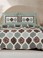 LIVING ROOTS Green & White Ethnic Pure Cotton 300 TC King Bedsheet with 2 Pillow Covers | Grocsy