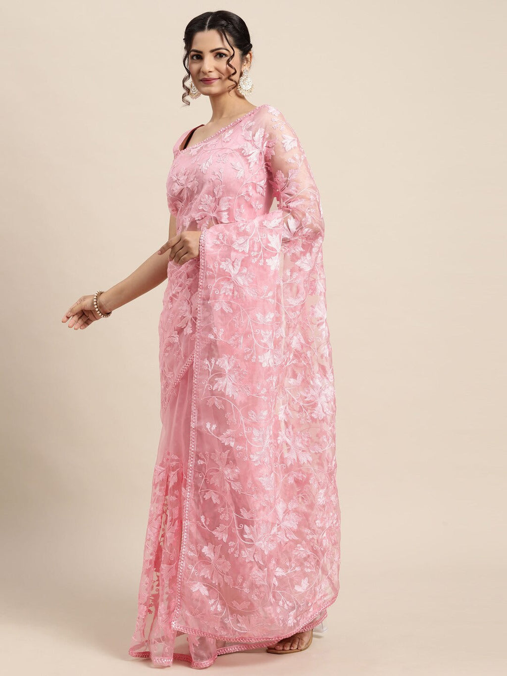Saree Mall Pink Floral Embroidered Organza Sarees | Grocsy
