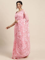 Saree Mall Pink Floral Embroidered Organza Sarees | Grocsy