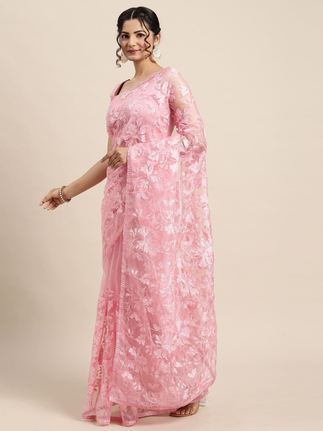 Saree Mall Pink Floral Embroidered Organza Sarees | Grocsy