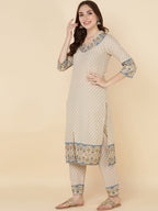 HERE&NOW Women Beige Floral Printed Pure Cotton Kurta with Trousers & With Dupatta | Grocsy