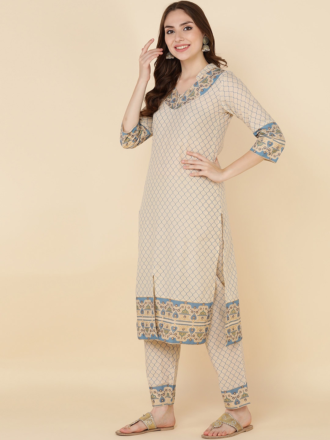 HERE&NOW Women Beige Floral Printed Pure Cotton Kurta with Trousers & With Dupatta | Grocsy