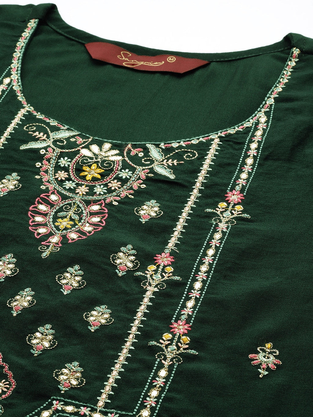 Sangria Women Green Ethnic Motifs Embroidered Pure Cotton Kurta with Trousers & With Dupatta | Grocsy