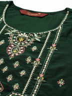 Sangria Women Green Ethnic Motifs Embroidered Pure Cotton Kurta with Trousers & With Dupatta | Grocsy
