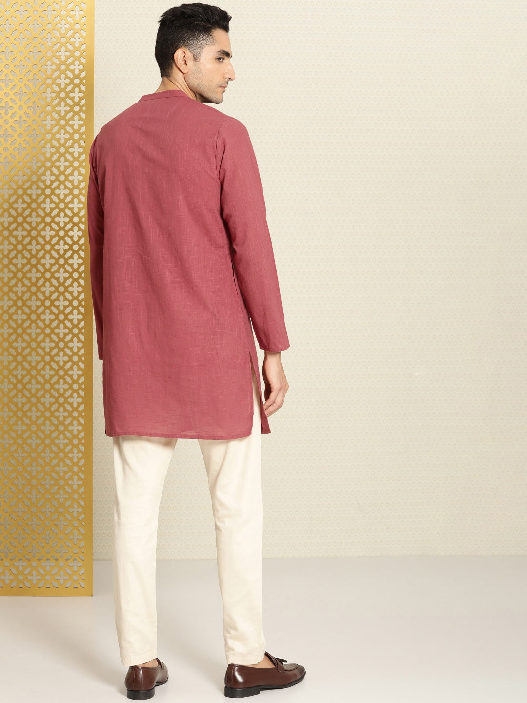 House of Pataudi Men Pure Cotton Solid Straight Mandarin Collar Rozana Kurta | Grocsy