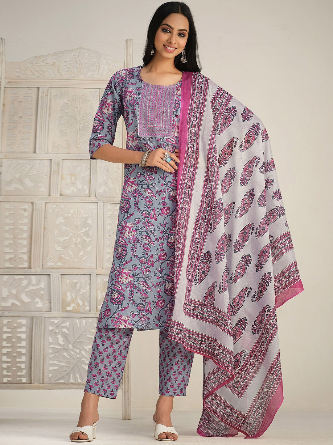 Sangria Floral Printed Gotta Patti Kurta With Trouser & Dupatta | Grocsy