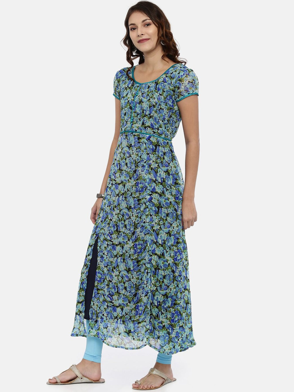 Souchii Blue & Green Printed A-Line Kurta | Grocsy