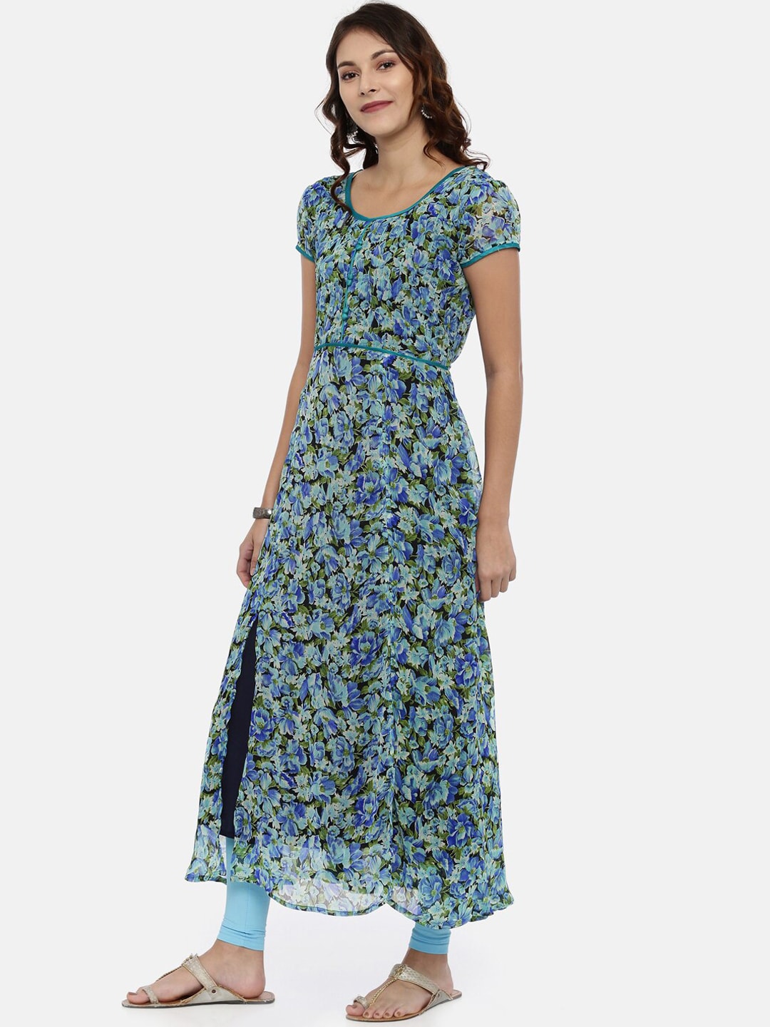 Souchii Blue & Green Printed A-Line Kurta | Grocsy