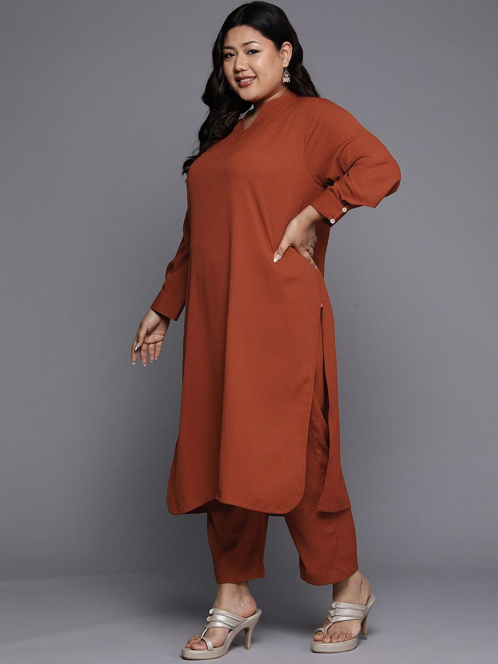 Sztori Plus Size Mandarin Collar Straight Kurta With Trouser | Grocsy