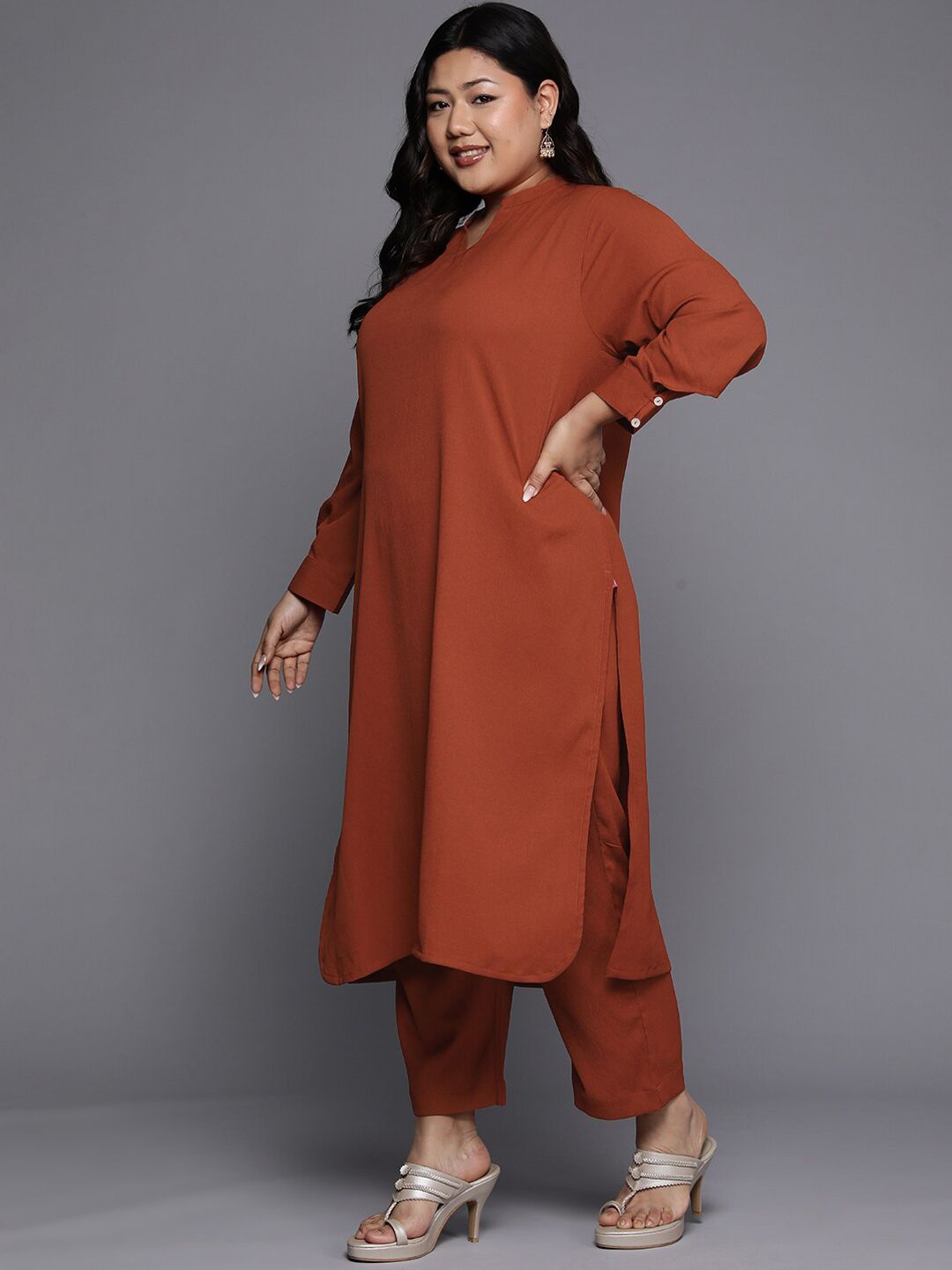 Sztori Plus Size Mandarin Collar Straight Kurta With Trouser | Grocsy