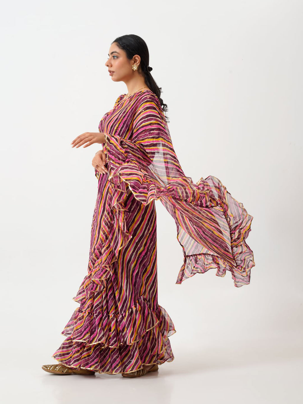 Tikhi Imli Brown Striped Ruffled Ready To Wear Saree | Grocsy