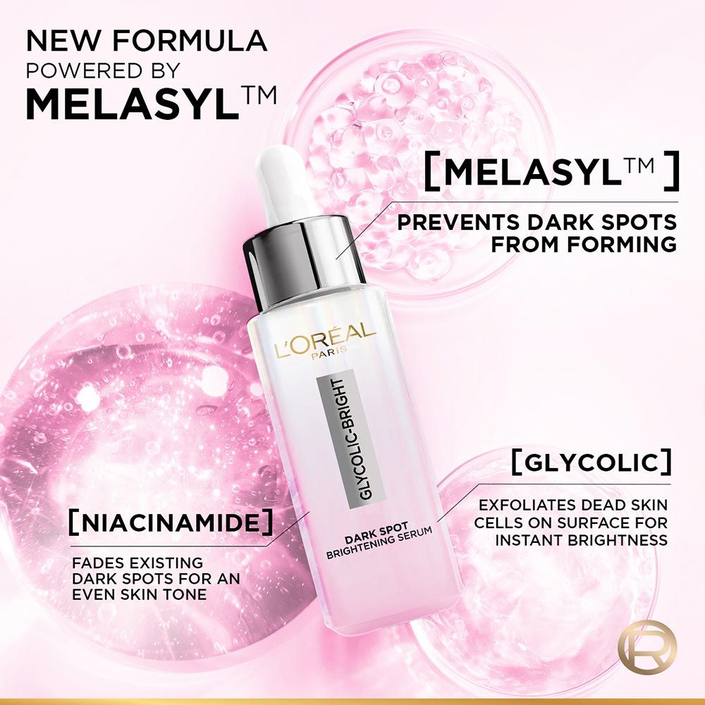L'Oreal Paris Glycolic Bright 8% [Melasyl + Niacinamide] Face Serum For Brightening Dark Spots | Grocsy
