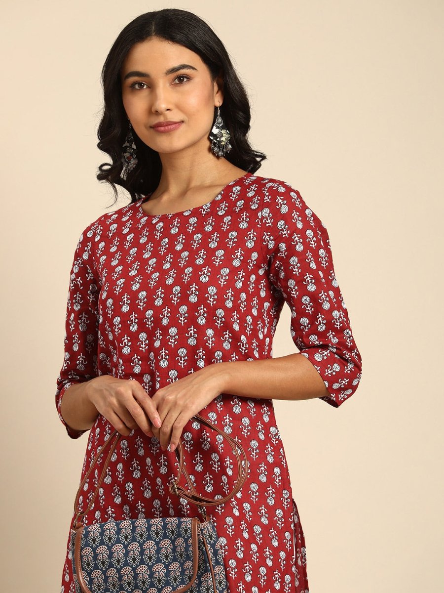 All About You Women Maroon Printed Pure Cotton Kurta with Trousers | Grocsy