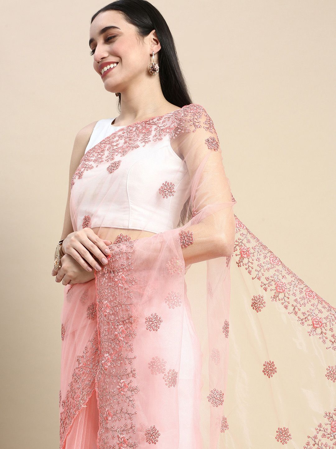kasee Floral Embroidered Net Saree | Grocsy
