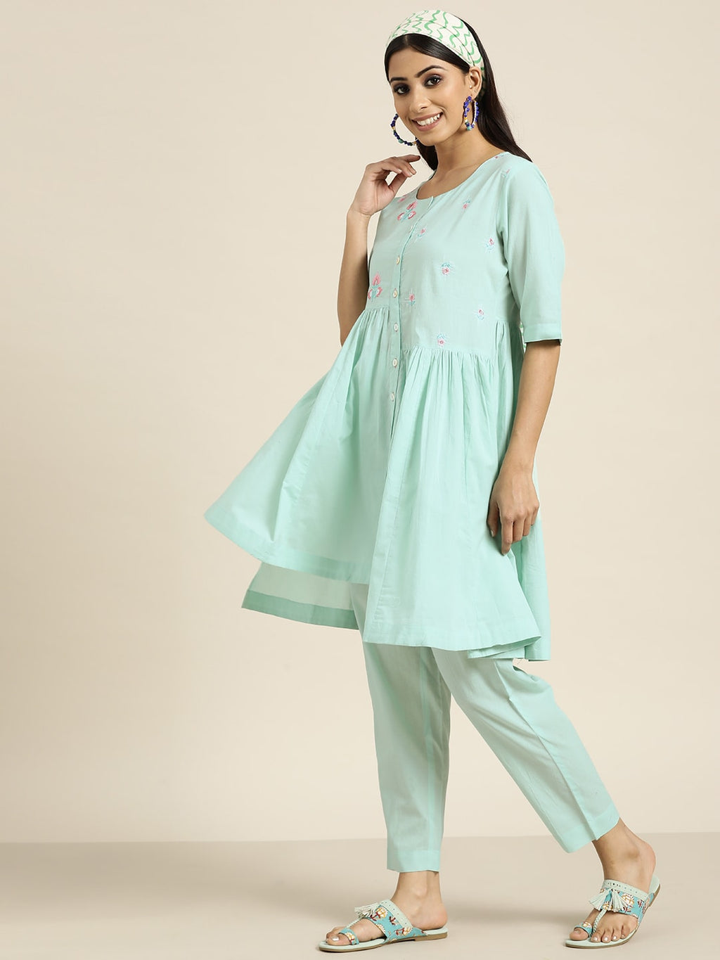 Sangria Women Turquoise Blue Floral Embroidered Kurta with Palazzos | Grocsy