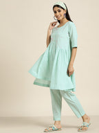 Sangria Women Turquoise Blue Floral Embroidered Kurta with Palazzos | Grocsy