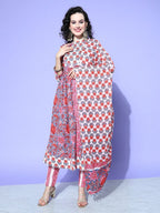 All About You Floral Printed Mirror Work Pure Cotton Kurta With Trousers & Dupatta | Grocsy