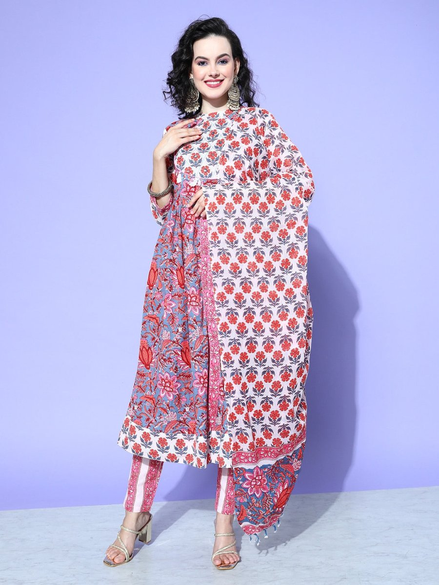 All About You Floral Printed Mirror Work Pure Cotton Kurta With Trousers & Dupatta | Grocsy