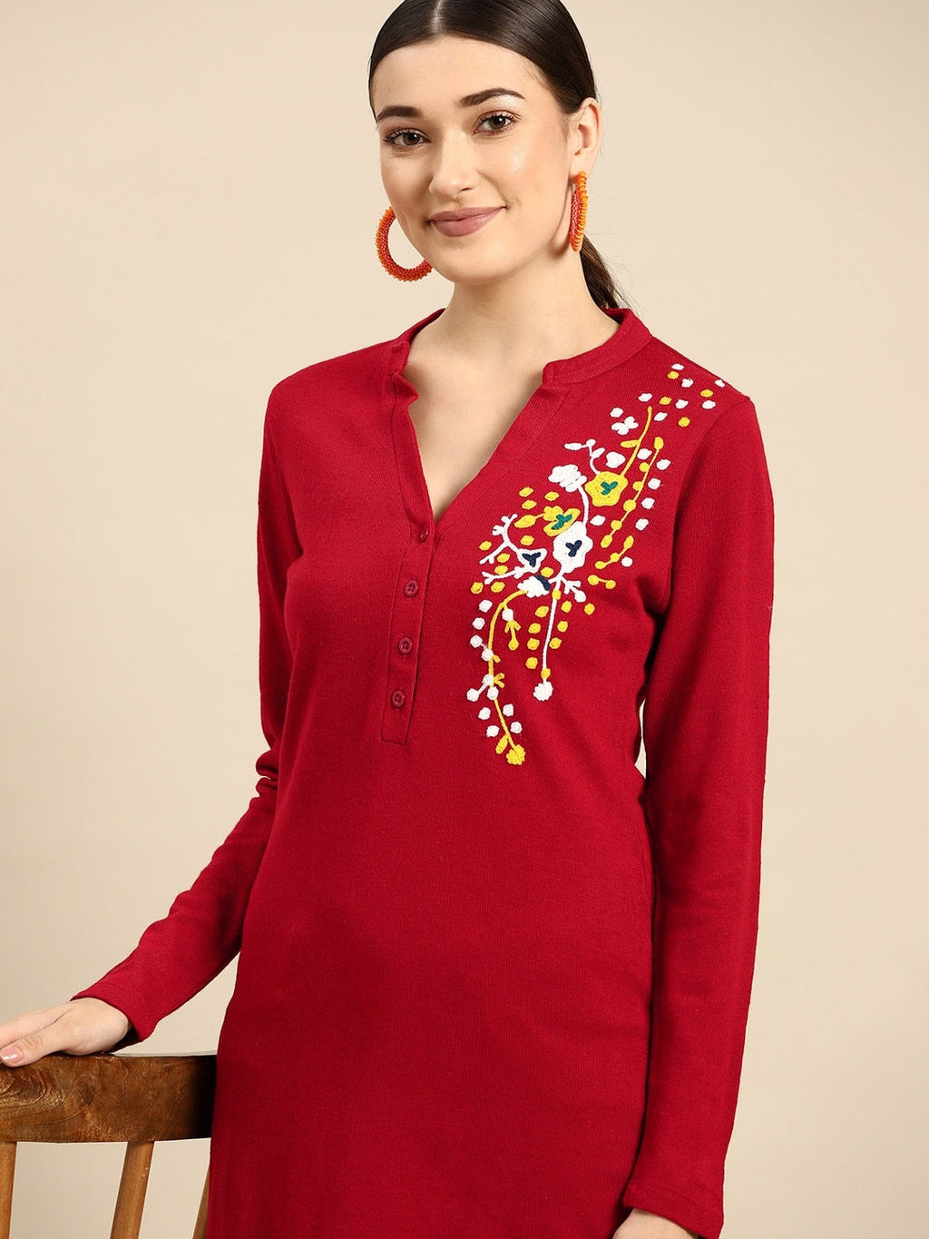 Sangria Women Red & White Floral Winter Straight Kurta | Grocsy