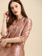 All About You Women Pink Paisley Print Mandarin Collar Pastels Chanderi Silk Blend Kurta | Grocsy