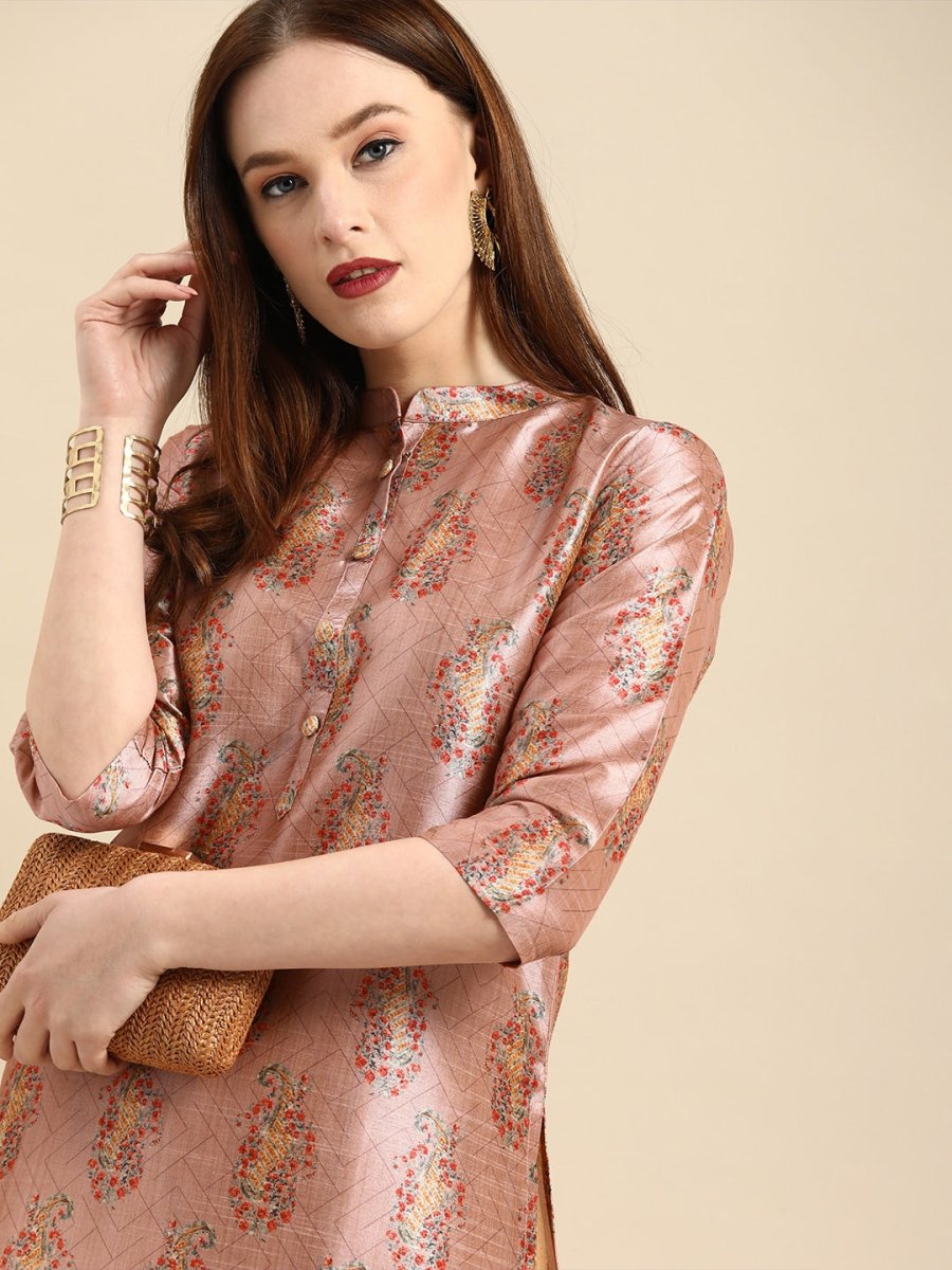 All About You Women Pink Paisley Print Mandarin Collar Pastels Chanderi Silk Blend Kurta | Grocsy
