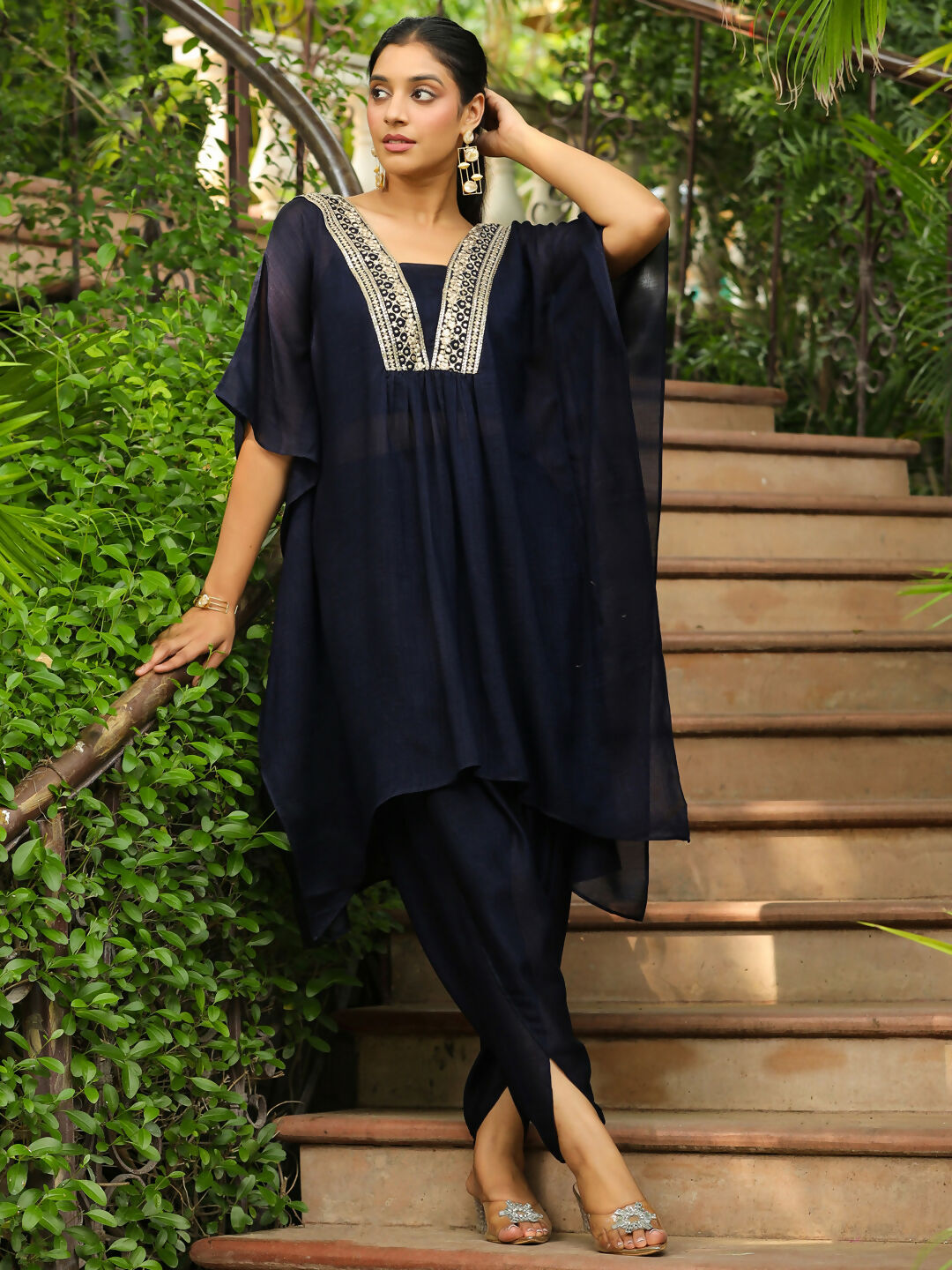 Janasya Navy Blue Silk Blend Yoke Embroidery Co-Ords | Grocsy